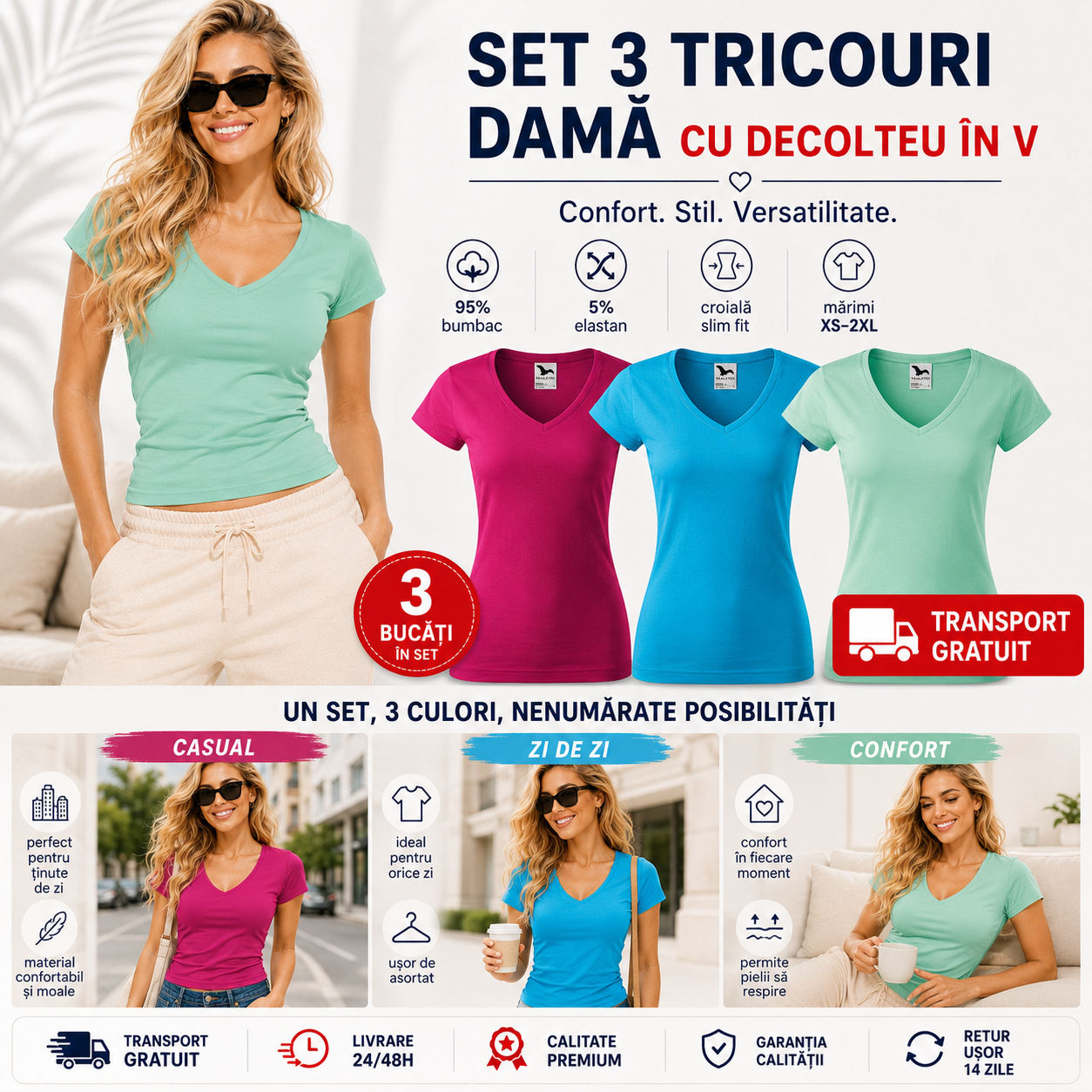 Set 3 tricouri damă Malfini 162 Fit V-Neck fucsia albastru turcoaz verde mentă